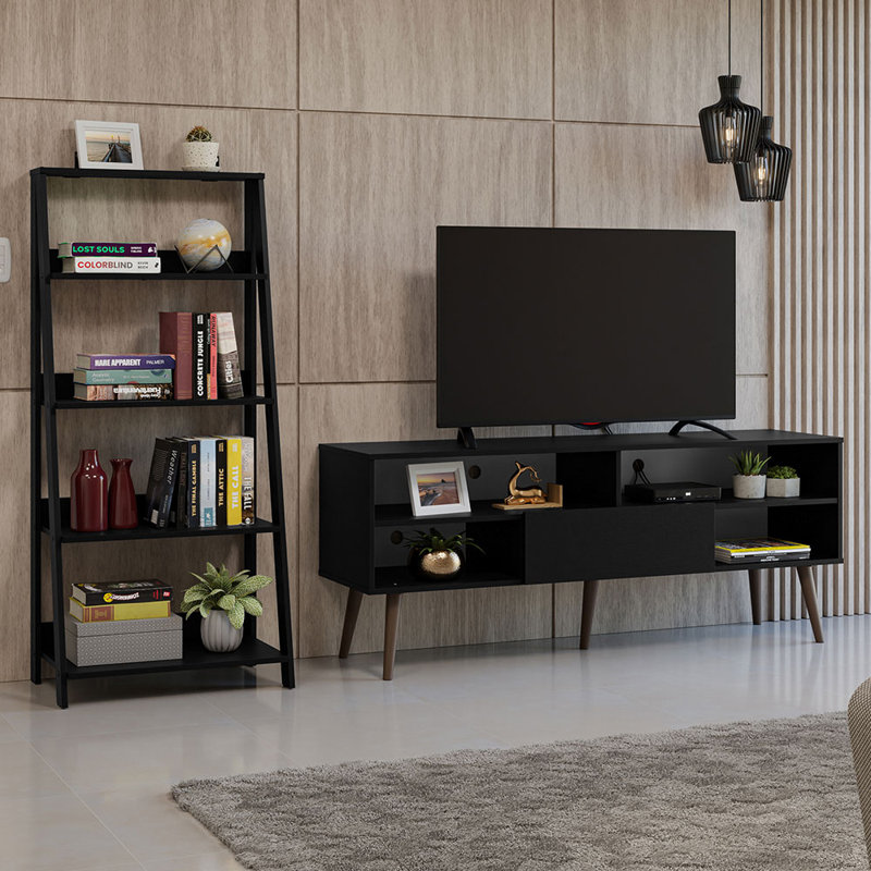 Meuble télé moderne avec 1 porte, 4 tablettes et bibliothèque échelle Maytal, Noir