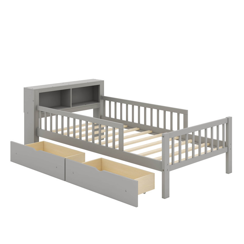 Twin Size Bed With Headboard Storage Rack, Two Under-Bed Drawers, Three-Side Guardrails For Safety And Security, Grey