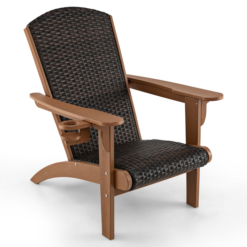 Set of 4 Adirondack Chair w/ Rattan Padded Seat & Back Wide Hidden Cupholder Patio, Brown
