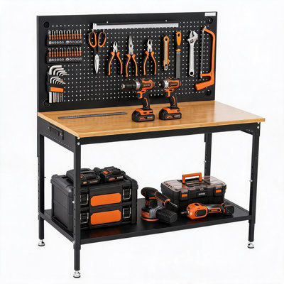 Établi robuste à hauteur réglable de 48 pouces, capacité maximale de 2000 lb avec tablette de rangement, panneau perforé, lumière DEL magnétique et multiprise intégrée pour atelier de menuiserie