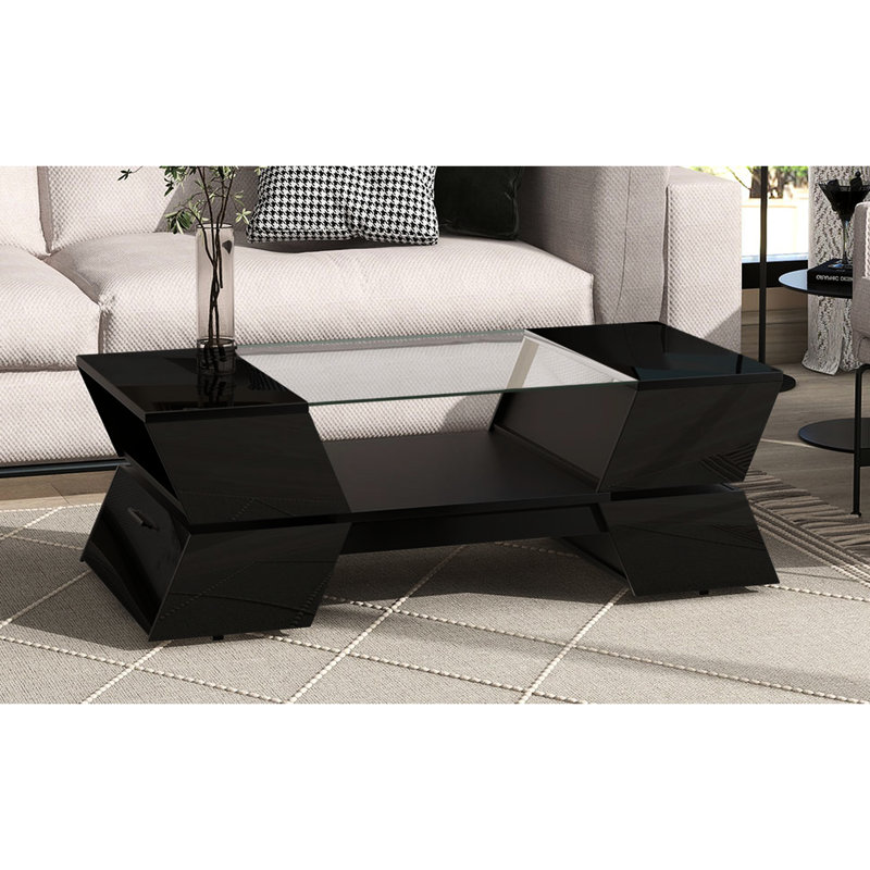 Table basse noire 2 avec verre de 6 mm et options de rangement géométriques