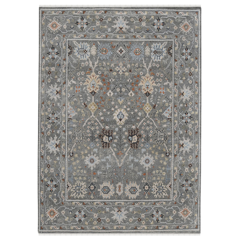 Tapis oriental en laine noué à la main gris / ivoire / noir Hillard, Rectangle 9 pi x 12 pi