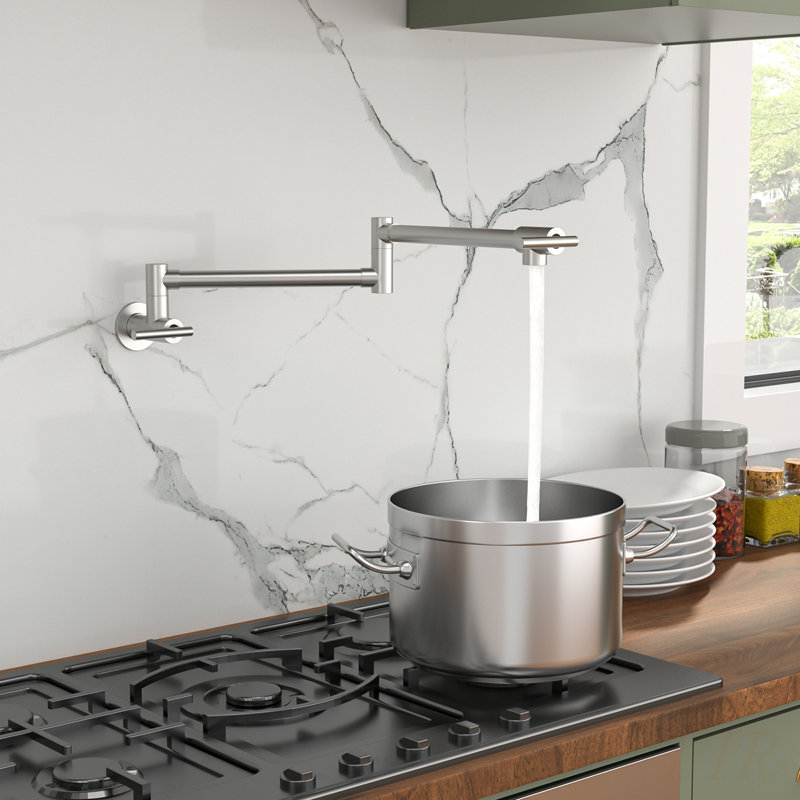 Wall Mount Kitchen Sink Pot Filler Faucet with Folding Stretchable Design, Two Handles, and Brushed Nickel Finish