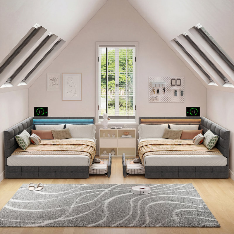 Upholstered Daybed with 2 Storage Drawers, Grey, 140 x 190 cm