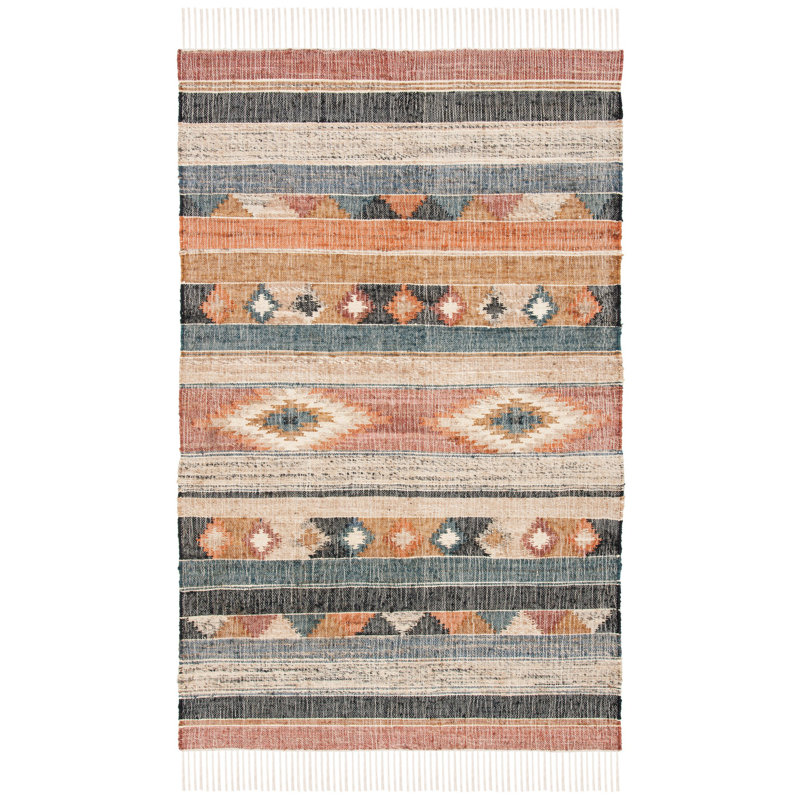 Friley Southwesten Flatweave Jute/Cotton Blue/Rust Area Rug, Rectangle 2'3" x 5'