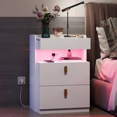 18.11''W Modern LED Nighstand with Built-in Charging USB & AC Outlets, Wood Night Stand with Sliding Pull-out Shelf and 2 Drawers, Bedside Table with Ample Storage Space for Bedroom, Living Room