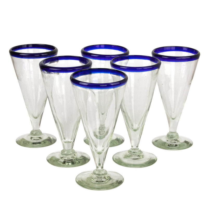 Handblown Blue Rim Beer Glasses Set Of 6