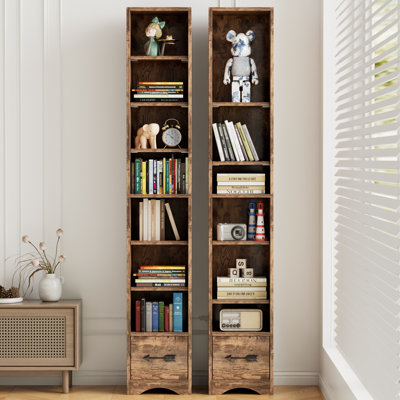 Ensemble de 2 grandes bibliothèques étroites avec tiroirs en tissu, tours de rangement étroites à 8 niveaux avec bibliothèque de 70,9 po, tablettes autoportantes pour la chambre à coucher, le salon et le bureau personnel
