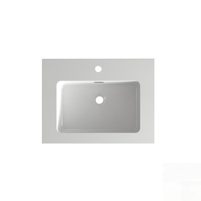 Vasque de salle de bain moderne intégrée en surface solide avec finition brillante et protection anti-débordement, design contemporain élégant pour plans de toilette raffinés.