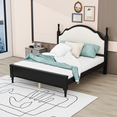 Wood Platform Bed with Upholstered Curved Headboard