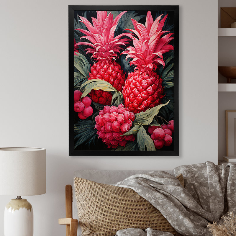 Rustic Pink Pineapple Impression II - Pineapples Wall Art, 20" H x 12" W x 1" D, Black Single Picture Framed