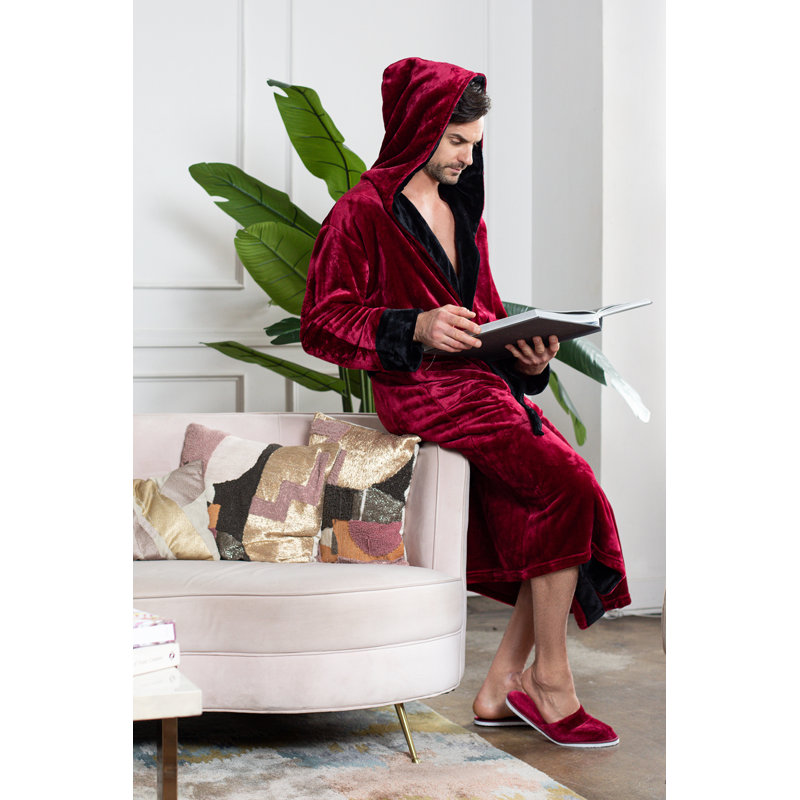LOTUS LINEN - Peignoir moelleux à capuche, P / M, Bordeau/noir