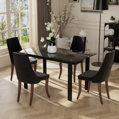 Modern Rectangle Tempered Glass Dining Set with Uphplstery Dining Chair Set for Dining Room