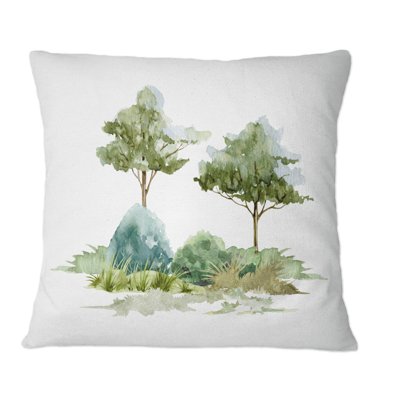 Deux arbres avec buisson et gazon des prés - coussin décoratif traditionnel, 16 po x 16 po
