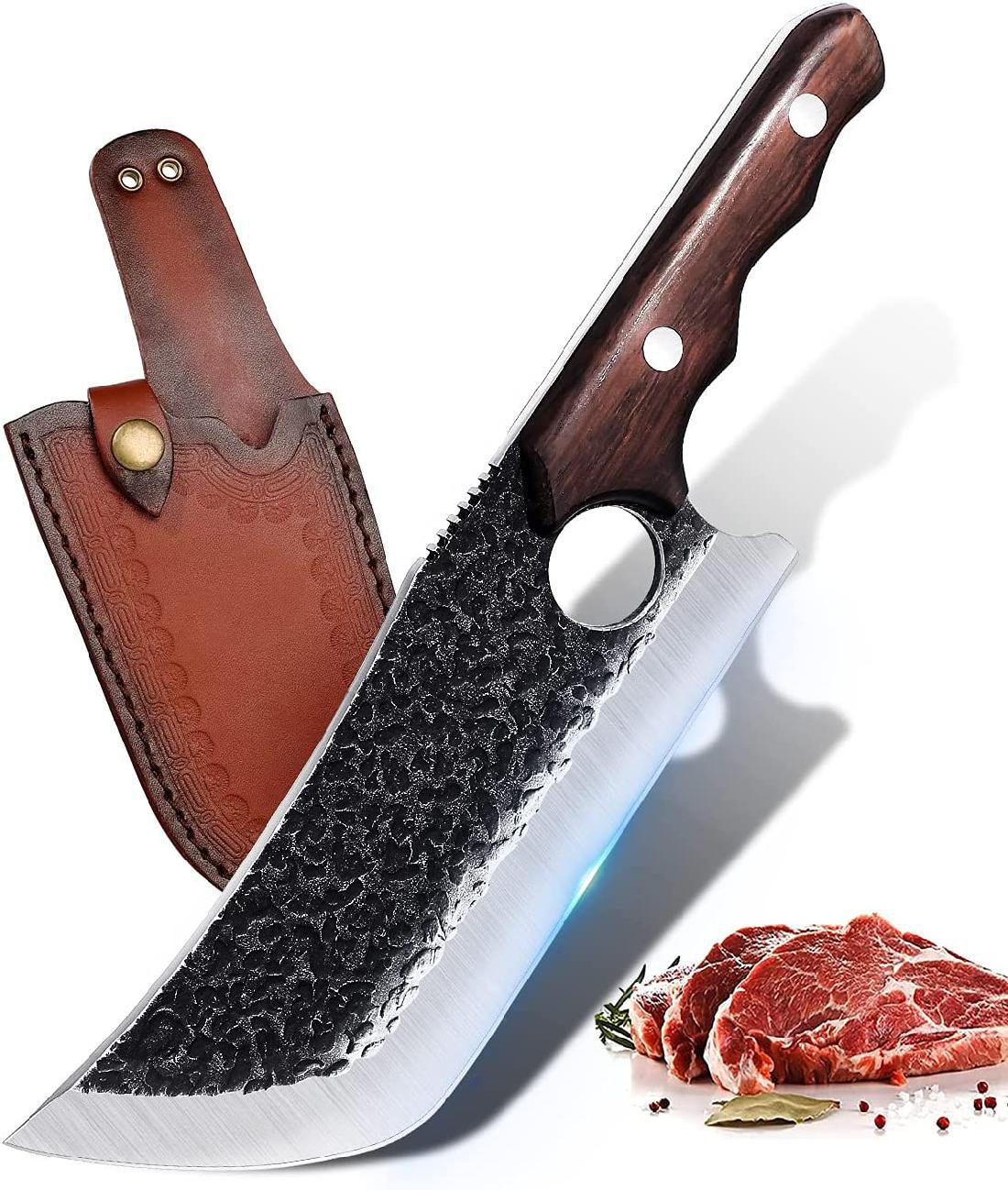 Hand Forged Boning Knife Chef Knife Cleaver Knife With Leather Sheath,  4-Piece