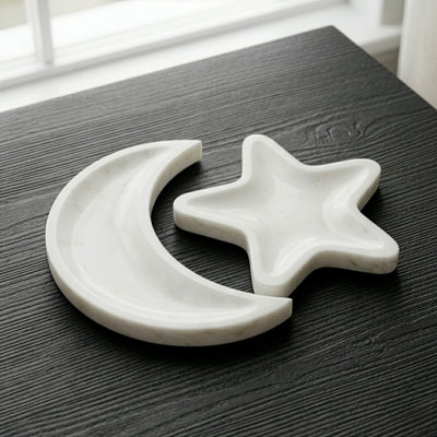 Real Marble Crescent & Star Serving Tray, Natural Stone Decorative Platter for Ramadan Dates, Jewelry & Vanity Display