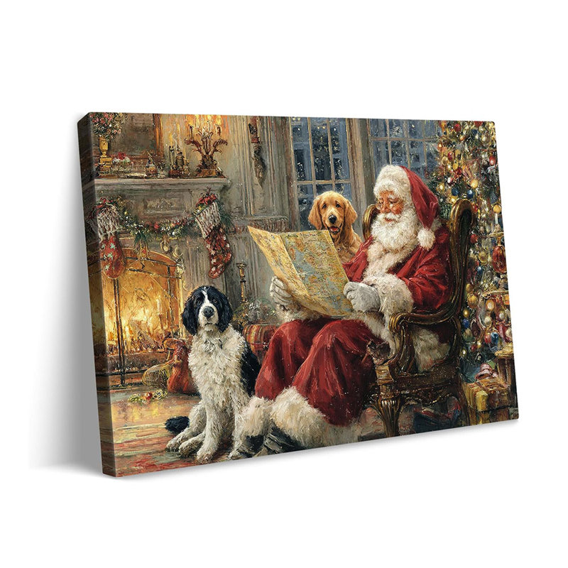 Classic Santa Claus Canvas Wall Art Vintage Santa Reading Map with Two Dogs by Fireplace Oil Painting Prints Traditional Christmas Poster for Home Living Room Wall Decor Framed 24x16in