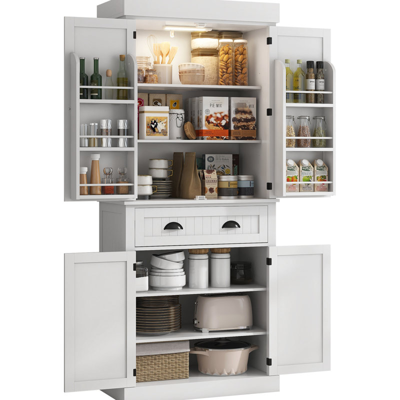 71" Kitchen Cabinet With Motion Sensor - 6 Door Shelves, Drawer, 4 Adjustable Shelves White Property Pantry Drawer & For Attractive Living, Dining Setups