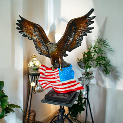 Eagle with American Flag Bronze Statue - Vappu Symbol of Strength & Freedom Decor, 32"L x14"W x 35"H