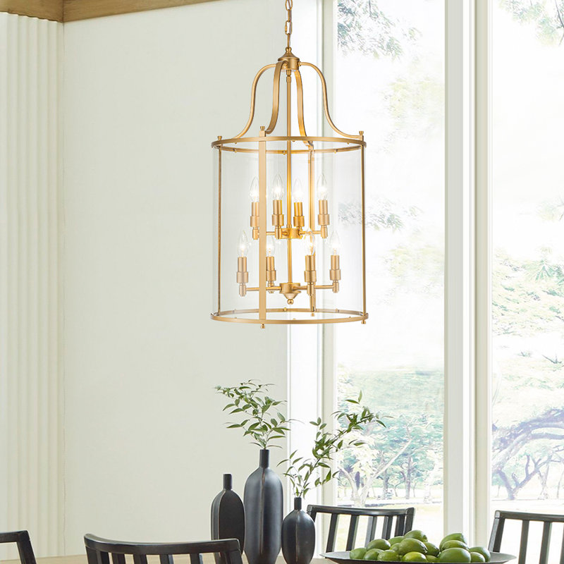 Classical / Traditional 8 - Light Clear Glass Lantern Style Cylinder Pendant, Gold