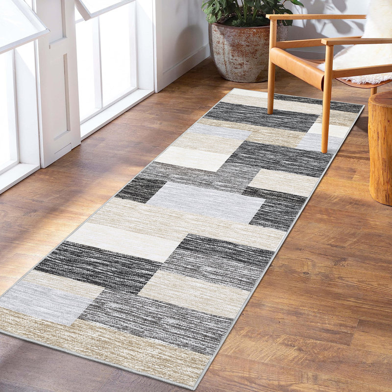 Tapis lavable à motif géométrique moderne avec envers antidérapant, Grey Camel, 2*6ft