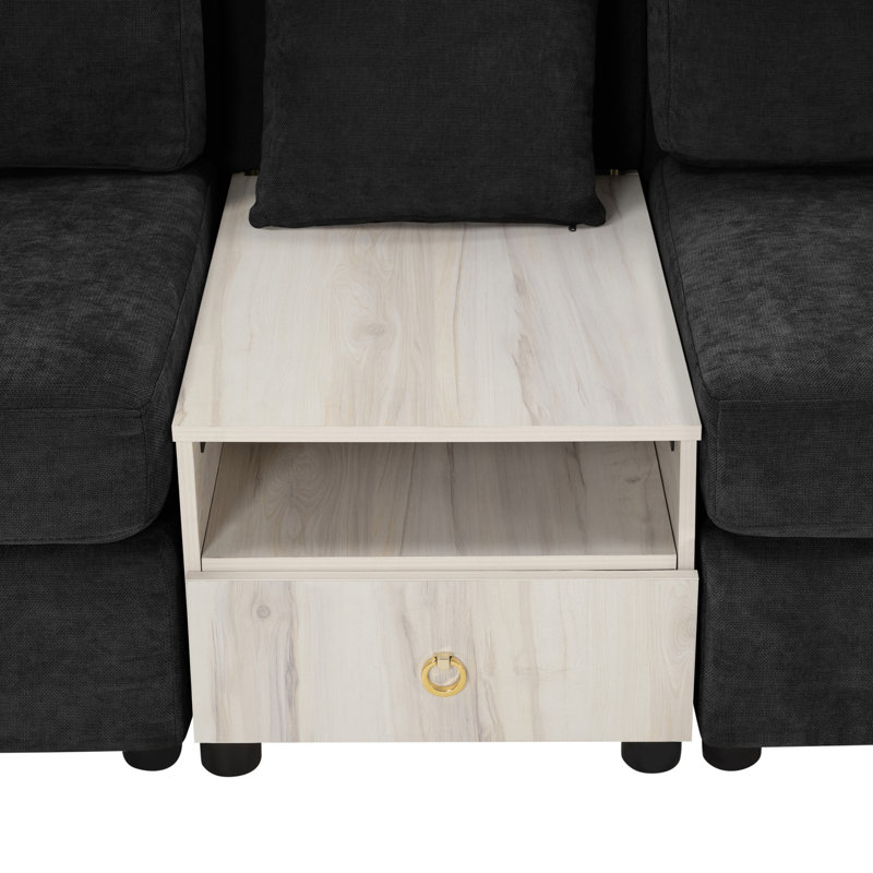 Canapé modulaire en chenille 95,7 po avec accoudoirs de rangement et console centrale pour le salon, Noir