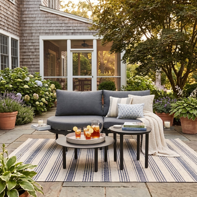 Canapé de patio courbé avec table basse, Coussin noir / cadre gris foncé