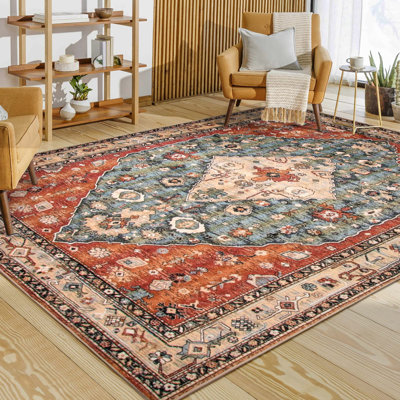 Watte Boho Tribal Washable Area Rugs Living Room, Soft Bedroom Rug Non Slip Dining Room Rugs for Under Table,Oriental Vintage Throw Carpet for Famliy Room