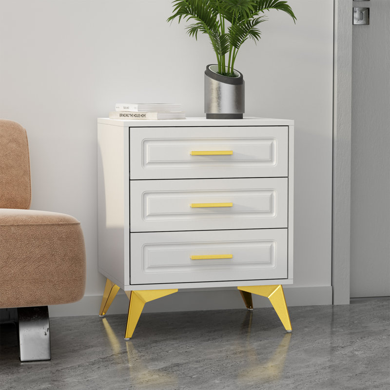 Kaysa 3-Drawer White Nighstands with Gold Handles Modern Bedside Table Sofa Side Table