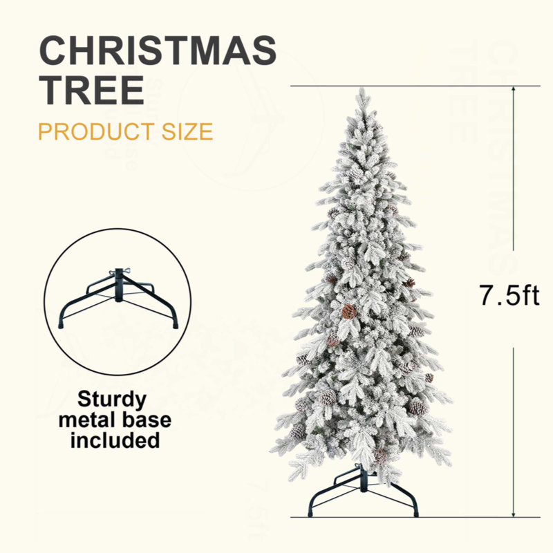 Arbre de Noël en flocage PE / PVC avec 40 pommes de pin naturelles - 1424 pointes, conception peu encombrante, branches articulées, support en métal stable, aspect enneigé réaliste