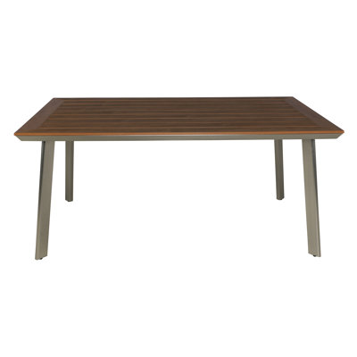 Faux Wood-Topped Table - Rust Aluminum Base, Modern Patio & Backyard Dining Table, Seats 6, 35.71 In W X 28.72 H 64.26 D Frame, Outdoor For Patio, Holds 6 Chairs,
