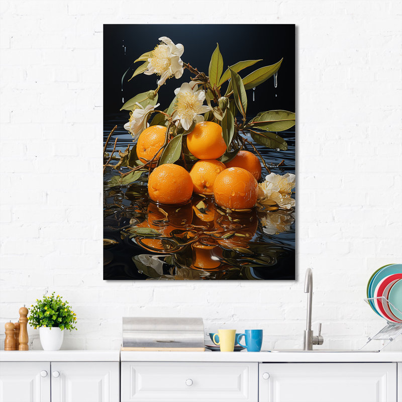 Orange, Sienne sereine, coucher de soleil, lac I - fruits, art mural, H 20 po x l 12 po x P 1 po