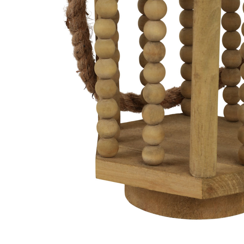 Wood Hurricane Lantern with Spindled Ball Columns and Rope Handle in Casual Home Style Decorative Accent Lighting for Rustic Coastal Farmhouse or Boho Inspired Interiors.