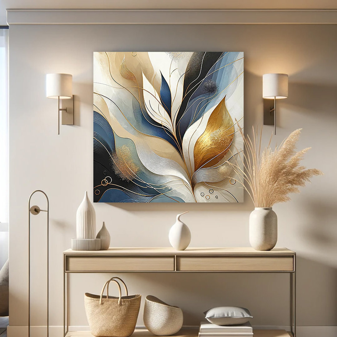 " Golden Navy Elegance Abstract Leaf " House of Hampton®