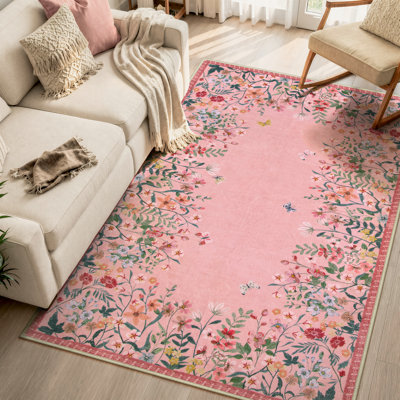     Tapis 4 x 6 à motif floral lavable rose avec envers antidérapant - Tapis durable à poils courts pour le salon, la chambre à coucher, la salle à manger ou le bureau