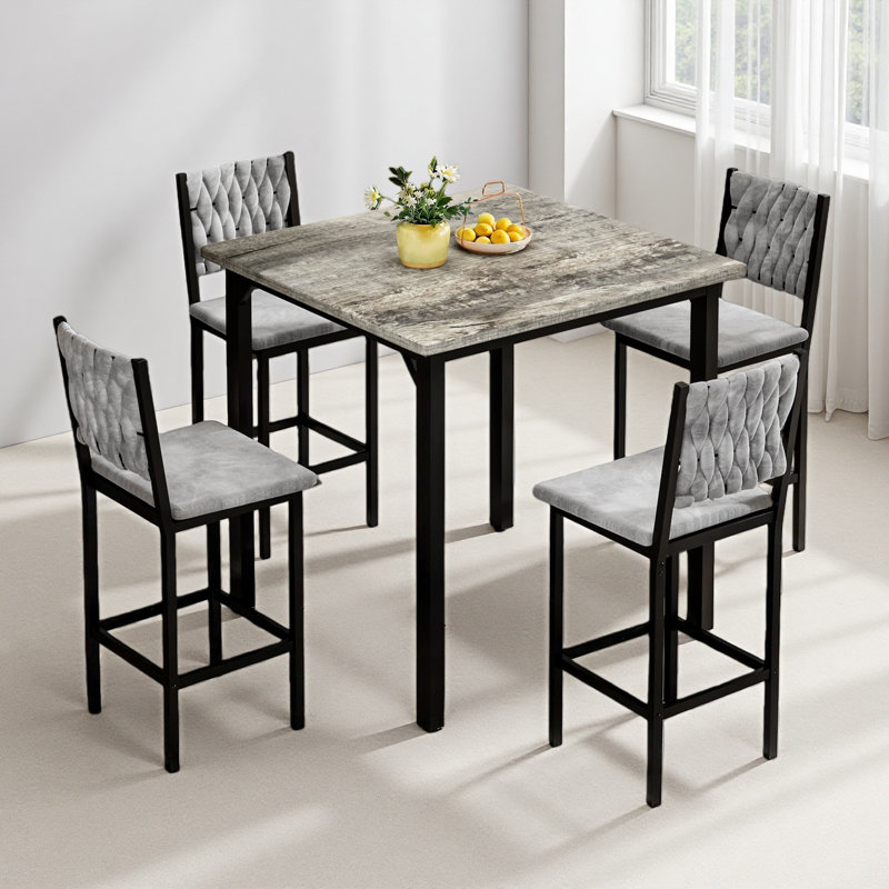 Ensemble de table de salle à manger 5 pièces avec table à hauteur de comptoir et 4 tabourets de bar, ensemble de salle à manger de cuisine moderne en faux marbre avec chaises rembourrées, ensemble de salle à manger compact pour petits espaces