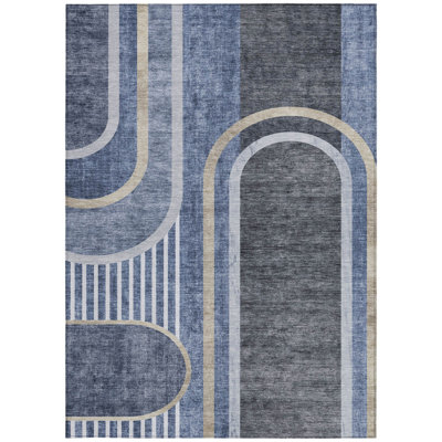 10' X 14' Blue and Black Abstract Washable Non Skid Indoor Outdoor Area Rug
