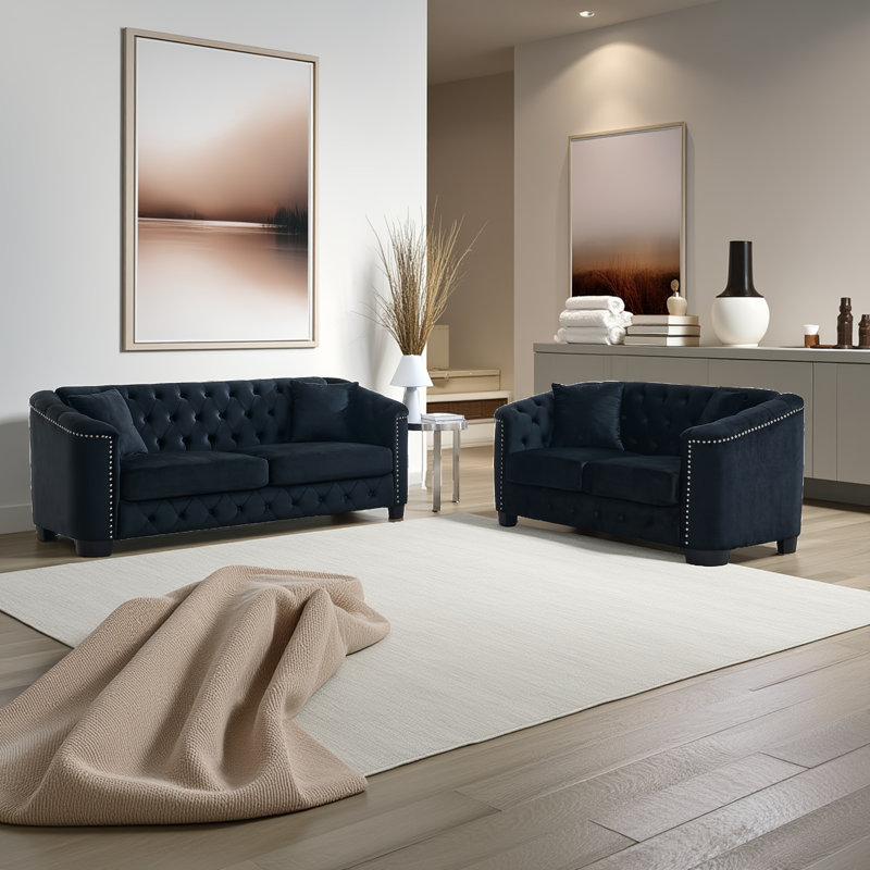 Canapé classique en velours capitonné - Canapé Chesterfield à garniture cloutée pour la maison et le bureau, Noir