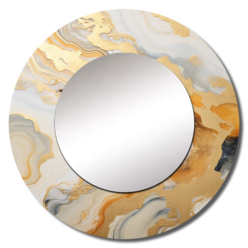 Ruzmira or et blanc Marble River - miroir mural en marbre, miroir décoratif rond doré, impression d'art en métal
