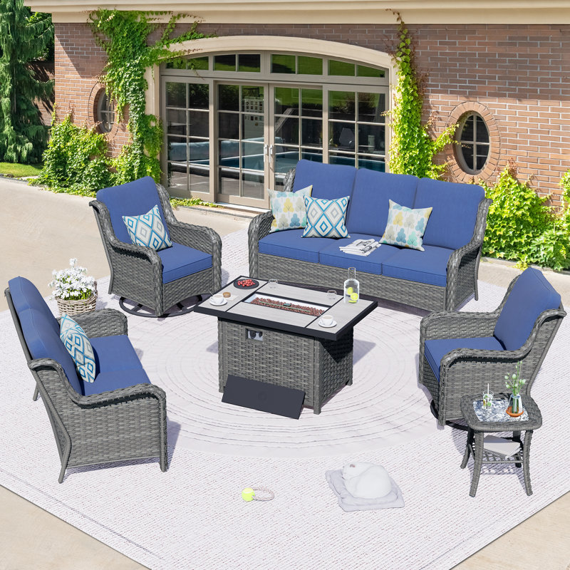 Tommy 7 - Person Patio Conversation Set with Cushions, Gray, Denim Blue