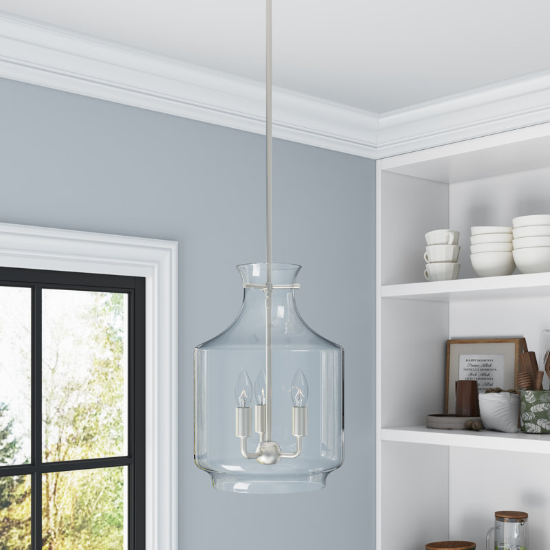 Luminaire suspendu 4 lumières Ivy Bronx Rigell avec abat-jour en verre transparent, Nickel brossé