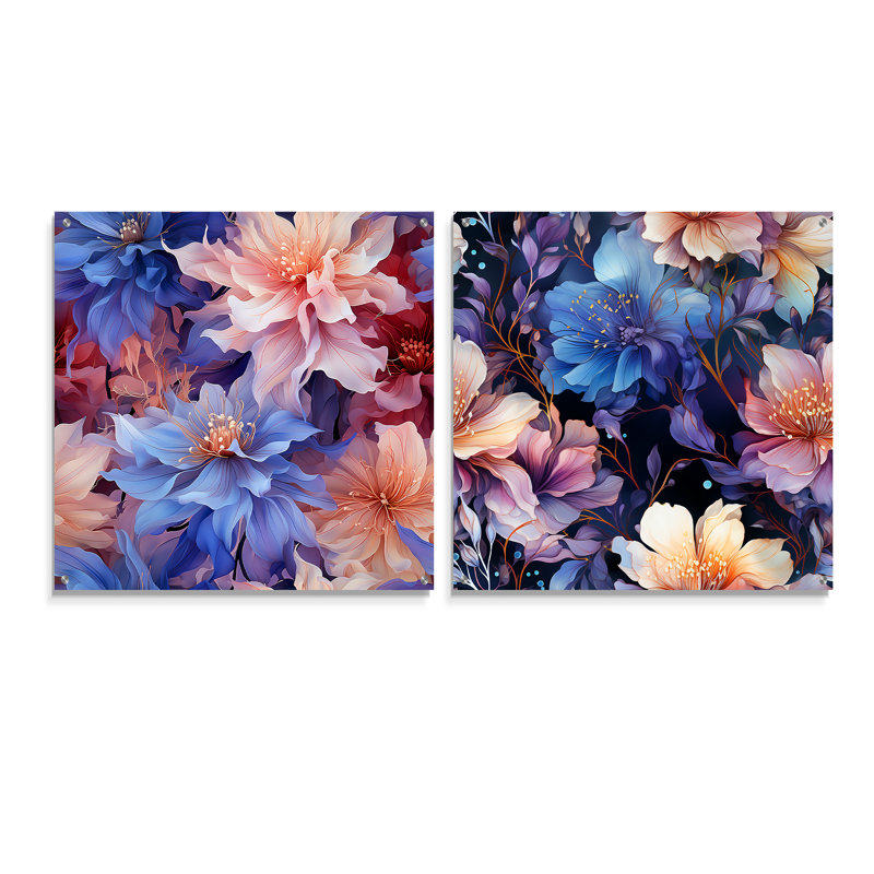 Mystery Aura - Motif floral bleu et mauve I, H 16 po x l 33 po