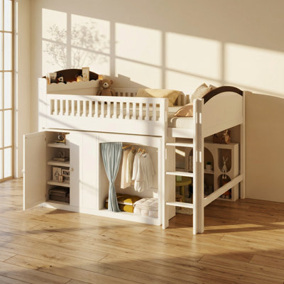 Lit mezzanine double en bois massif avec garde-robe et lumière DEL Everwood l 65,4 po x P 80,9 po x H 61,6 po