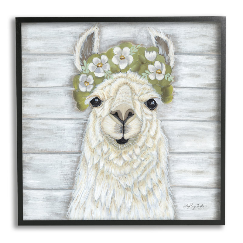 Fleurs de lama souriant - peinture, Giclée encadrée noir minuit, H 17 po x l 17 po x P 1,5 po