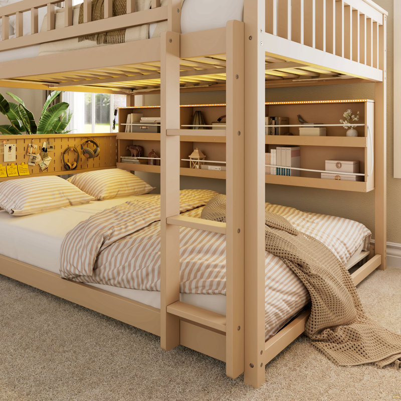 Lit superposé double au-dessus de double avec tablettes intégrées, lumières à changement de couleur et panneau perforé, beige