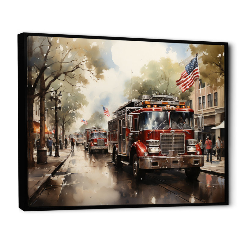 Fire Truck II - Fireman, art mural sur toile, H 24 po x l 32 po x P 1 po, Cadre flottant noir