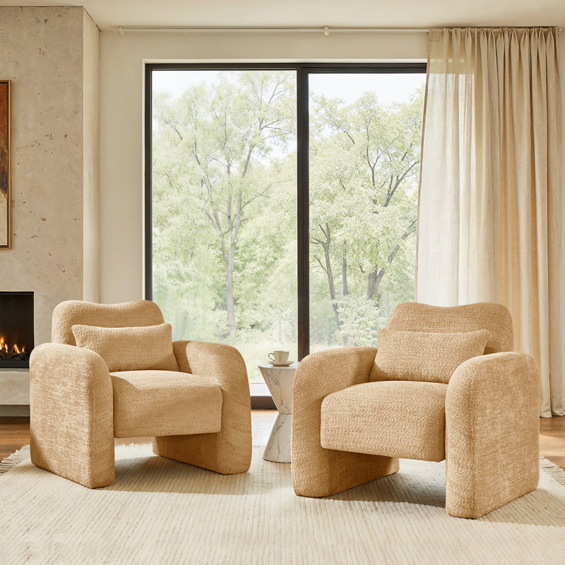 Fidele 33"W Modern Upholstered Armchair with Lumbar Support Pillow, Camel