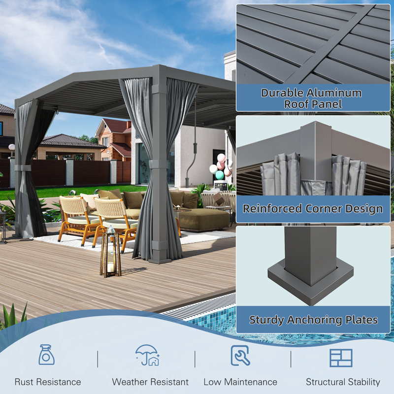 Dark Grey Aluminum 12x20 Louvered Pergola with Adjustable Roof and Curtains