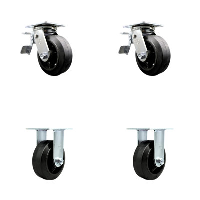 5 Inch Rubber on Steel Caster Set with Ball Bearings 2 Brakes 2 Rigid SCC