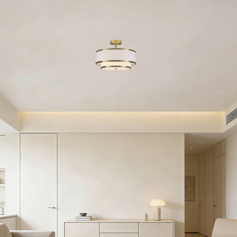 Plafonnier semi-encastré 3 lumières - Lustre tambour de style campagnard avec abat-jour en tissu, Or